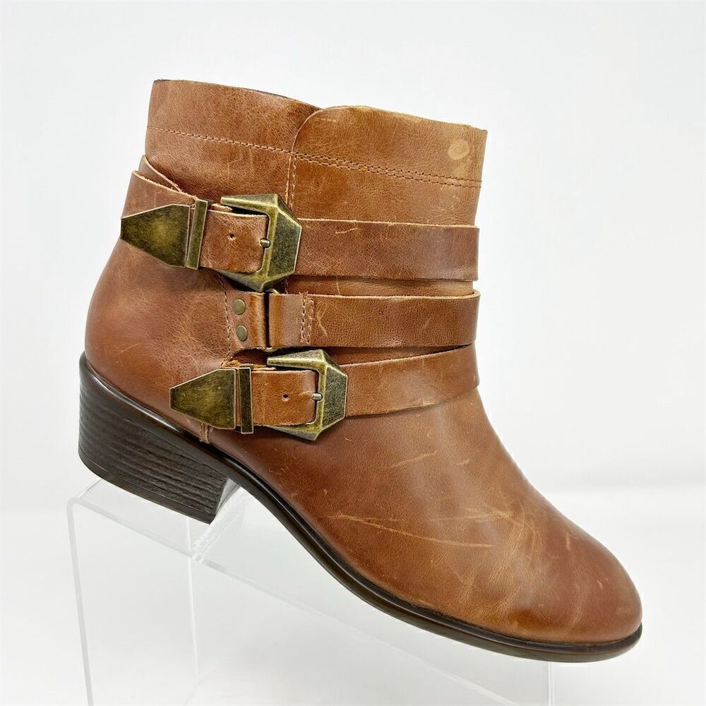 Aerosoles Women's My Time Brown Leather Ankle Boots Size 10 Zip Buckle Mid Heel